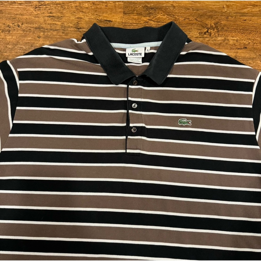 VTG Lacoste Brown Striped Casual Golf Short Sleeve Polo Shirt Men's 10 Long 3XLT